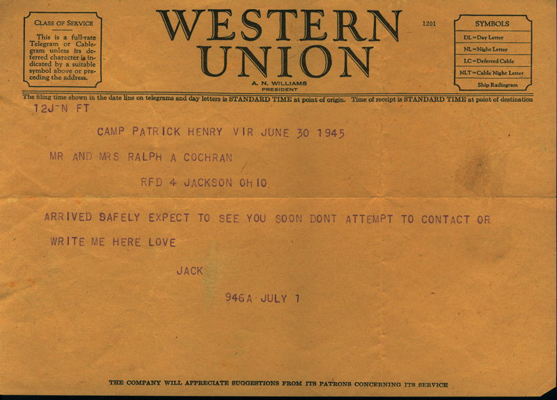 Ralph Cochran's Telegram - Back in US